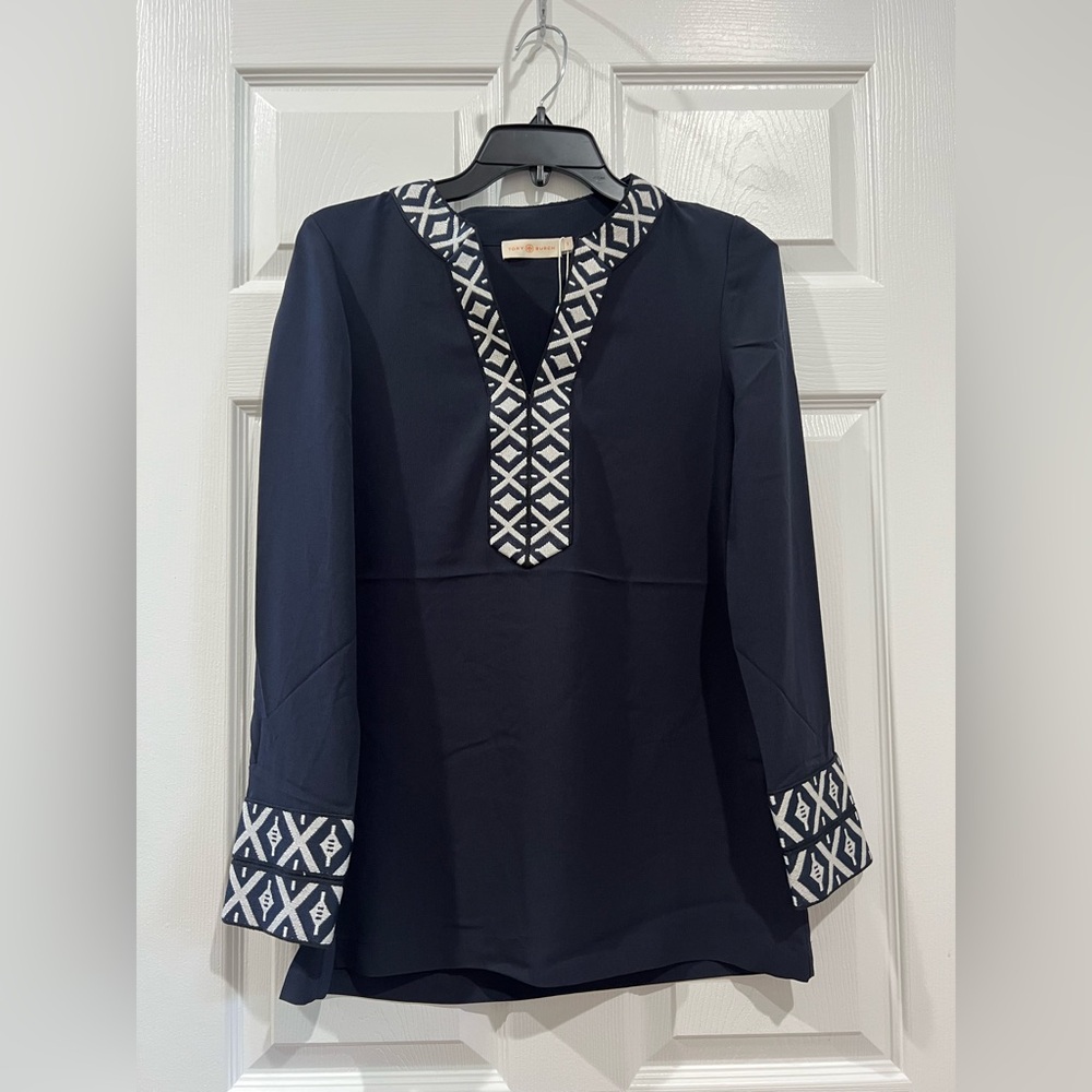 Tory Burch Tunic Top Navy Blue Embroidered Long Sleeve top Blouse Shirt Size 2
